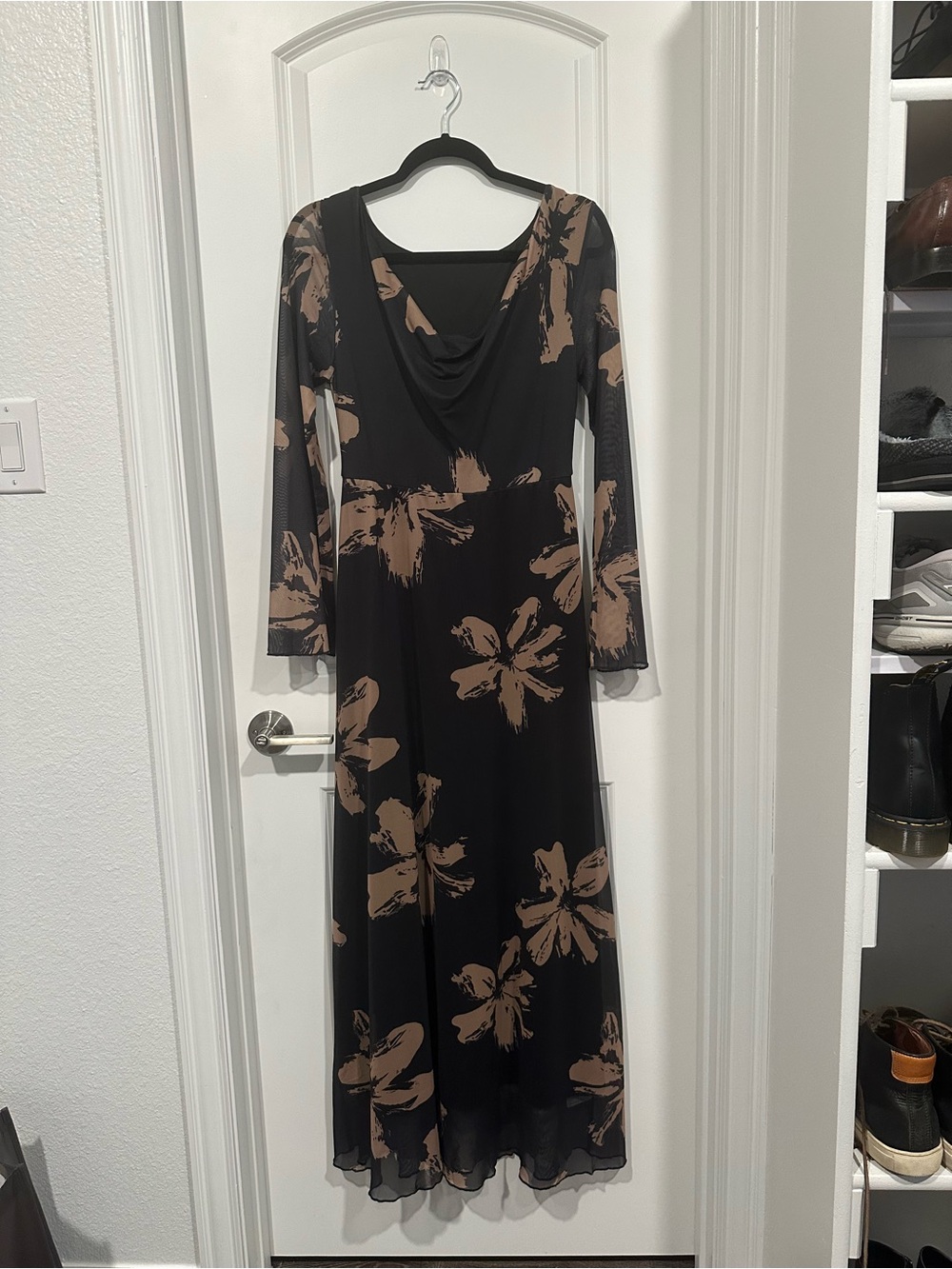 Commense Black Gown with Tan Floral Print and Sheer Long Sleeves - Picture 4 of 8